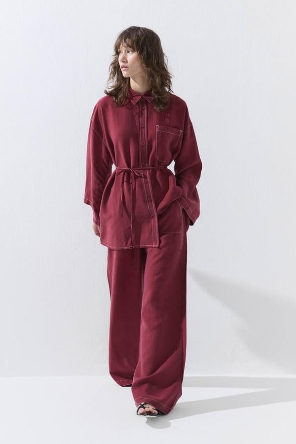 Dikiş Detaylı Rahat Pantolon Takım - Bordo