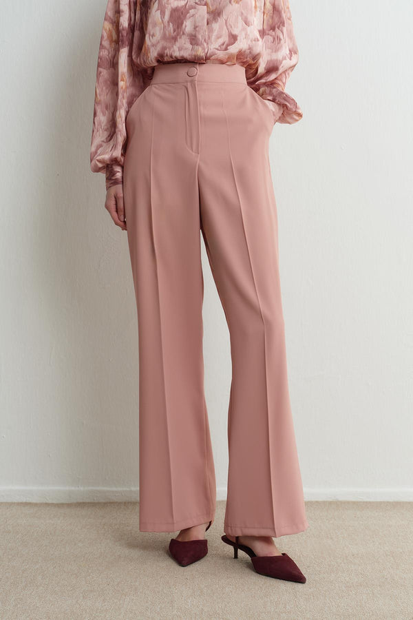 Dökümlü Straight Fit Pantolon - Pudra