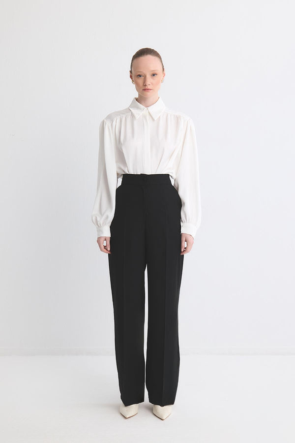 Dökümlü Straight Fit Pantolon - Siyah