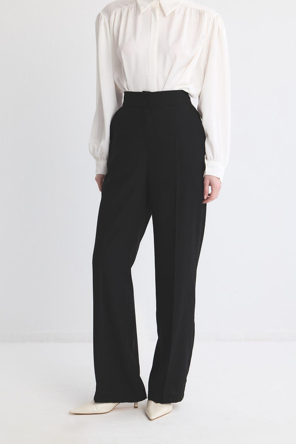Dökümlü Straight Fit Pantolon - Siyah