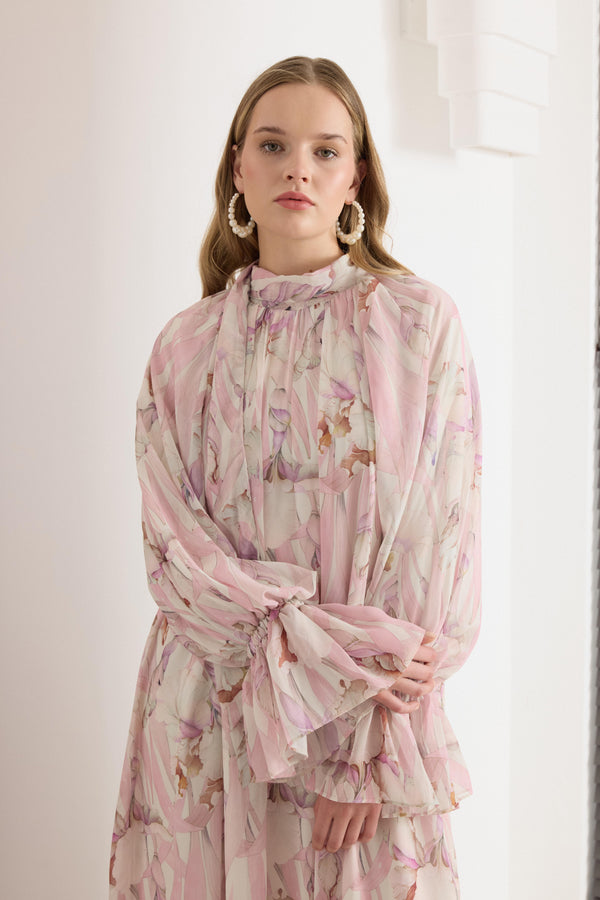 Dyla Desenli Şifon Elbise - Pembe