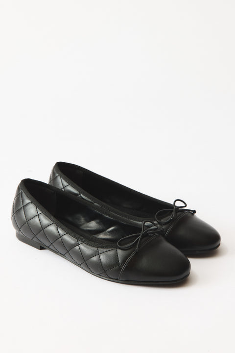 Alya Bow-Detailed Quilted Ballet Flats - Black