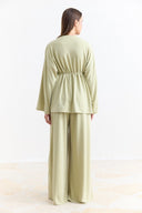Two-Piece Set with Piping Detail and Belt - Sage Green