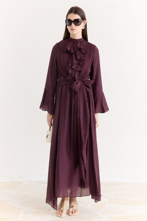Ruffled Front and Sleeve Dress - Plum