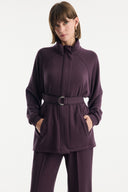 Belt-Detail Stand-Up Collar Set with Comfortable Trousers - Burgundy