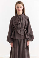 Collar Detail Skirt Set - Coffee