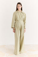 Button-Detailed Linen Trouser Set - Sage