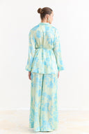 Sophia Satin Printed Yoryo Chiffon Pants Set - Blue