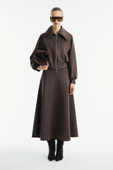 Stone-Embellished Collar Zippered Scuba Skirt Set - Coffee