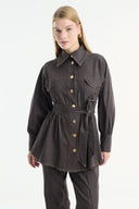 Gold Button Detail Denim Suit - Brown