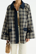 Collared Waxed-Look Plaid Jacket - Beige