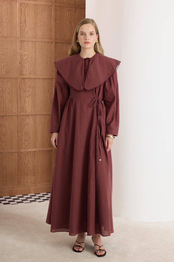 Ellarose Yaka Zincir Dantelli Elbise - Bordo
