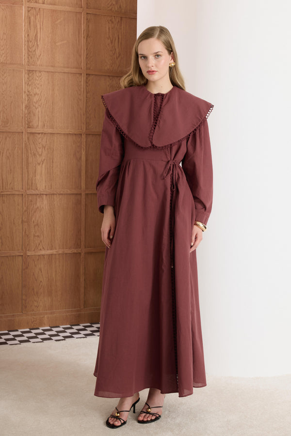 Ellarose Yaka Zincir Dantelli Elbise - Bordo