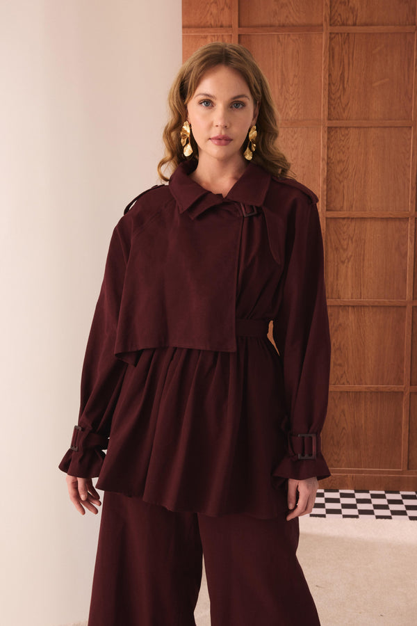 Emilia Keten Trenç Takım - Bordo