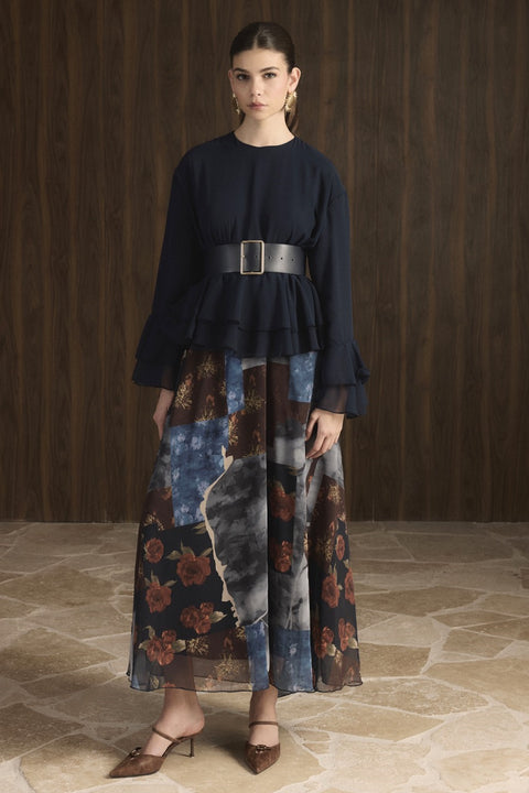 Patterned Chiffon Skirt Set - Navy Blue
