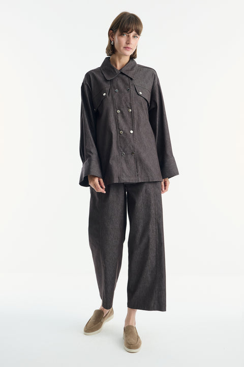 Denim Suit with Metal Button Detail - Brown