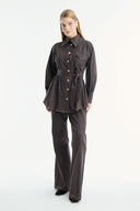 Gold Button Detail Denim Suit - Brown