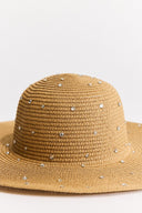 Wide Straw Hat with Stone Detail - Camel