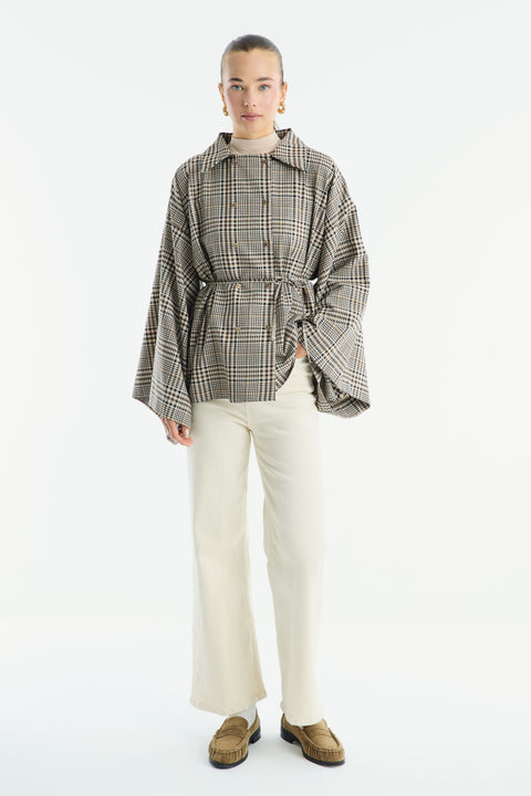 Double-Button Plaid Poncho - Brown