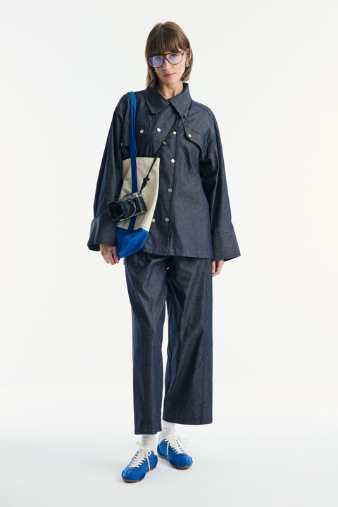 Denim Suit with Metal Button Detail - Navy Blue