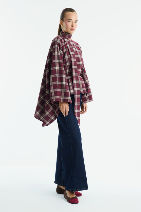 Mock Neck Plaid Poncho - Burgundy
