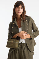 Button-Front Stitched Detail Denim Set with Trousers