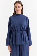 Binding Detail Belted Basic Pants Set - Navy Blue