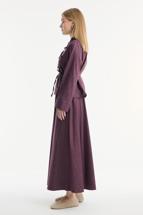 Button-Front Denim Skirt Set - Burgundy