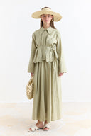 Cuffed Embroidery Detailed Linen Skirt Set - Sage