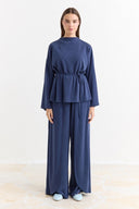 Binding Detail Belted Basic Pants Set - Navy Blue