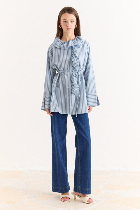 Striped Ruffled Shirt - Blue