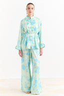 Sophia Satin Printed Yoryo Chiffon Pants Set - Blue