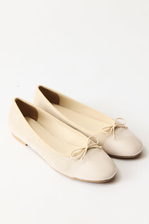 Genuine Suede Ballerina Flats with Bow - Stone