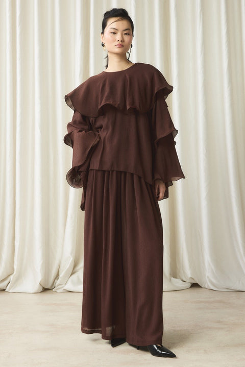 Ruffle Detail Trouser Set - Brown
