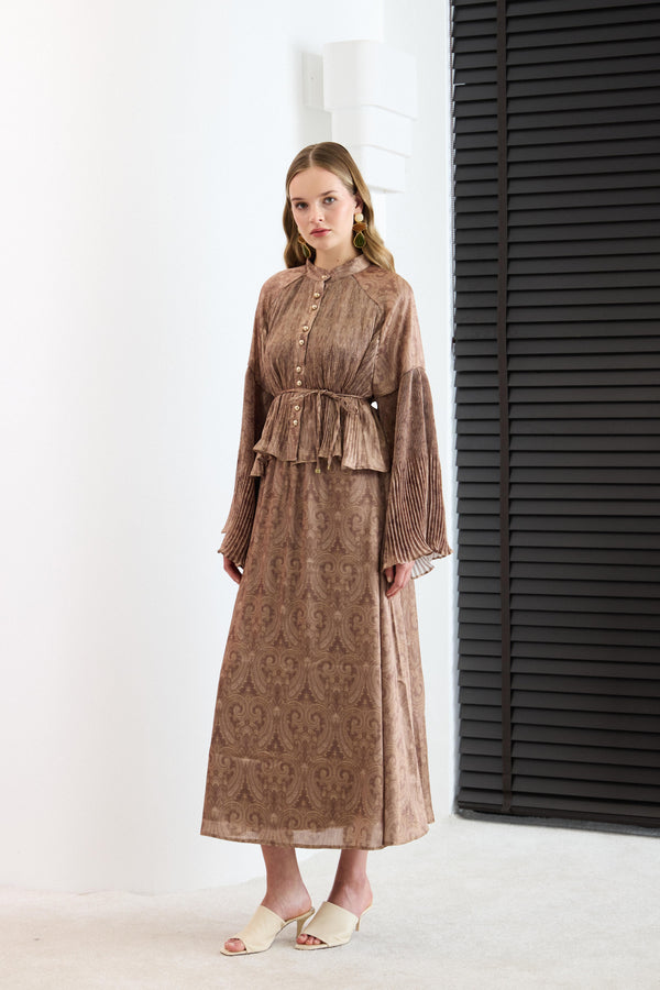 Freddy Desenli Piliseli Etek Takım - Kahve