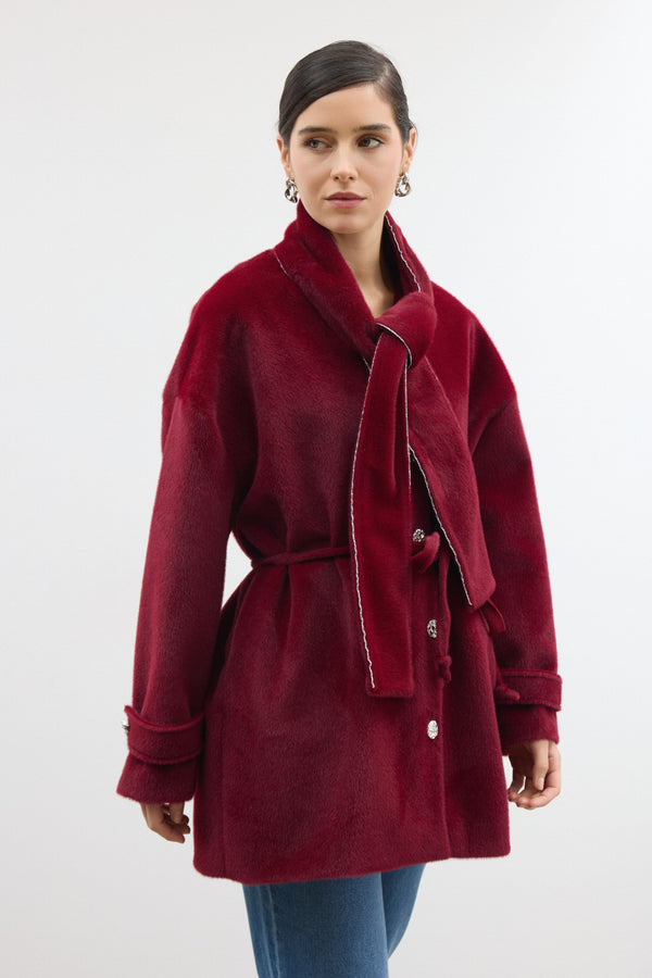 Fularlı Simli Kaşe Kaban - Bordo