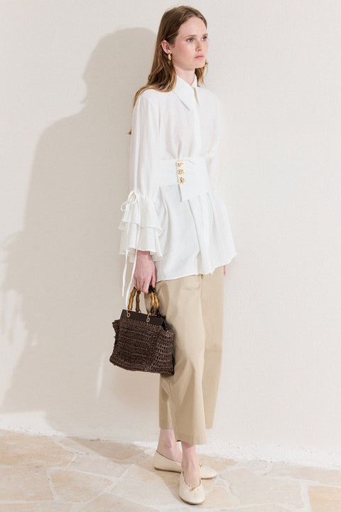 Wide Belted Shirt with Ruffle Sleeves - Ecru