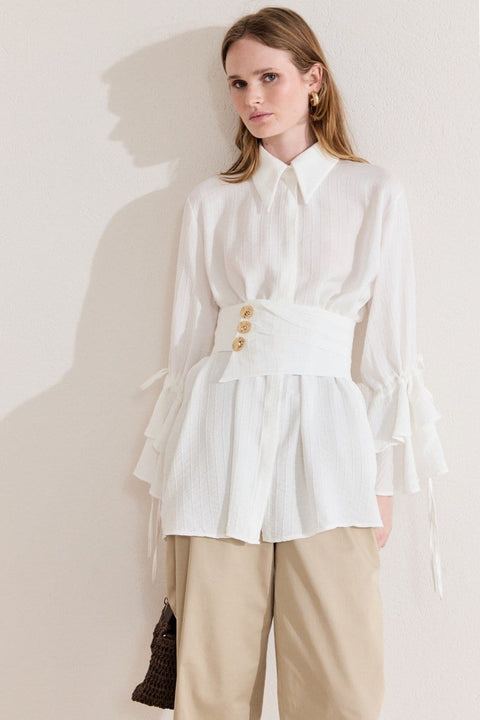 Wide Belted Shirt with Ruffle Sleeves - Ecru