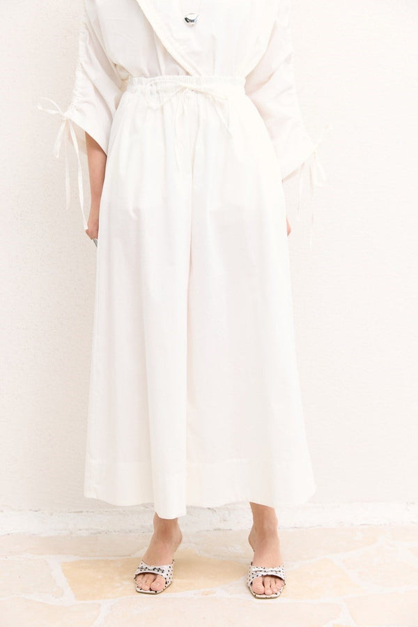 Geniş Paça Poplin Basic Pantolon - Ekru
