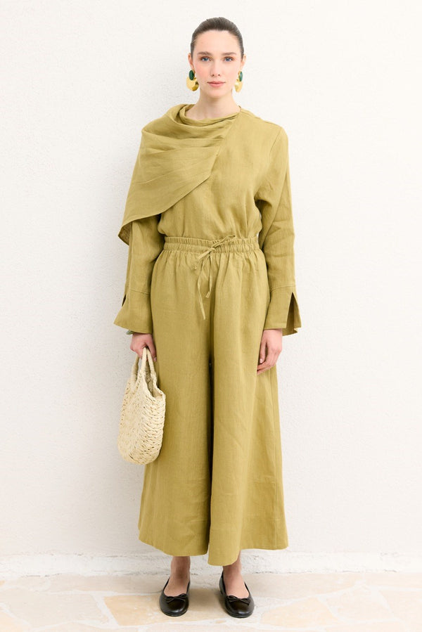 Geniş Paçalı Organik Keten Pantolon - Çağla