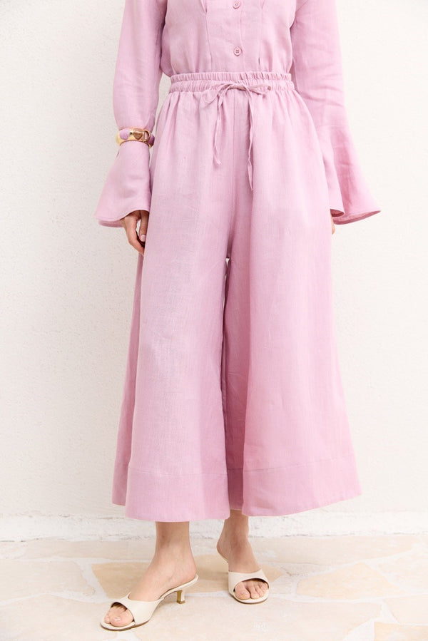 Geniş Paçalı Organik Keten Pantolon - Pembe