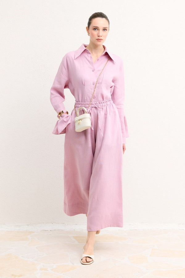 Geniş Paçalı Organik Keten Pantolon - Pembe
