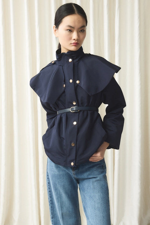 Wide Collar Detail Trench Coat - Navy Blue