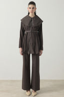 Wide Collar Belted Trouser Set - Brown