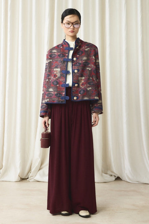 Gold Button Jacquard Jacket - Red