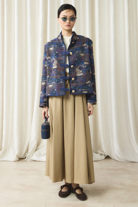 Gold-Button Jacquard Jacket - Navy Blue