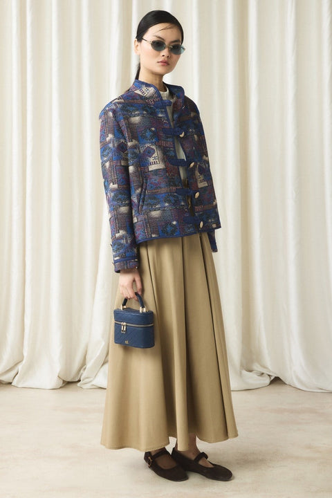 Gold-Button Jacquard Jacket - Navy Blue