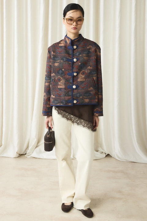 Gold Button Jacquard Jacket - Earth