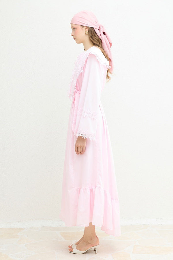 Güpürlü Dacron Elbise - Pembe