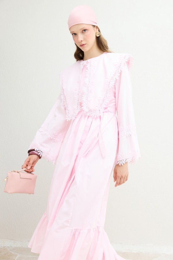 Güpürlü Dacron Elbise - Pembe